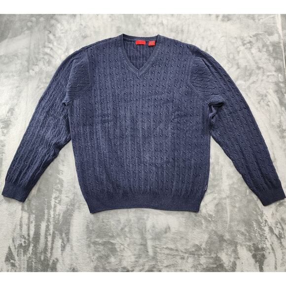 Vintage 90s IZOD Cable Knit V-Neck Dad Sweater Size L Blue Cotton Preppy Classic - Picture 1 of 9